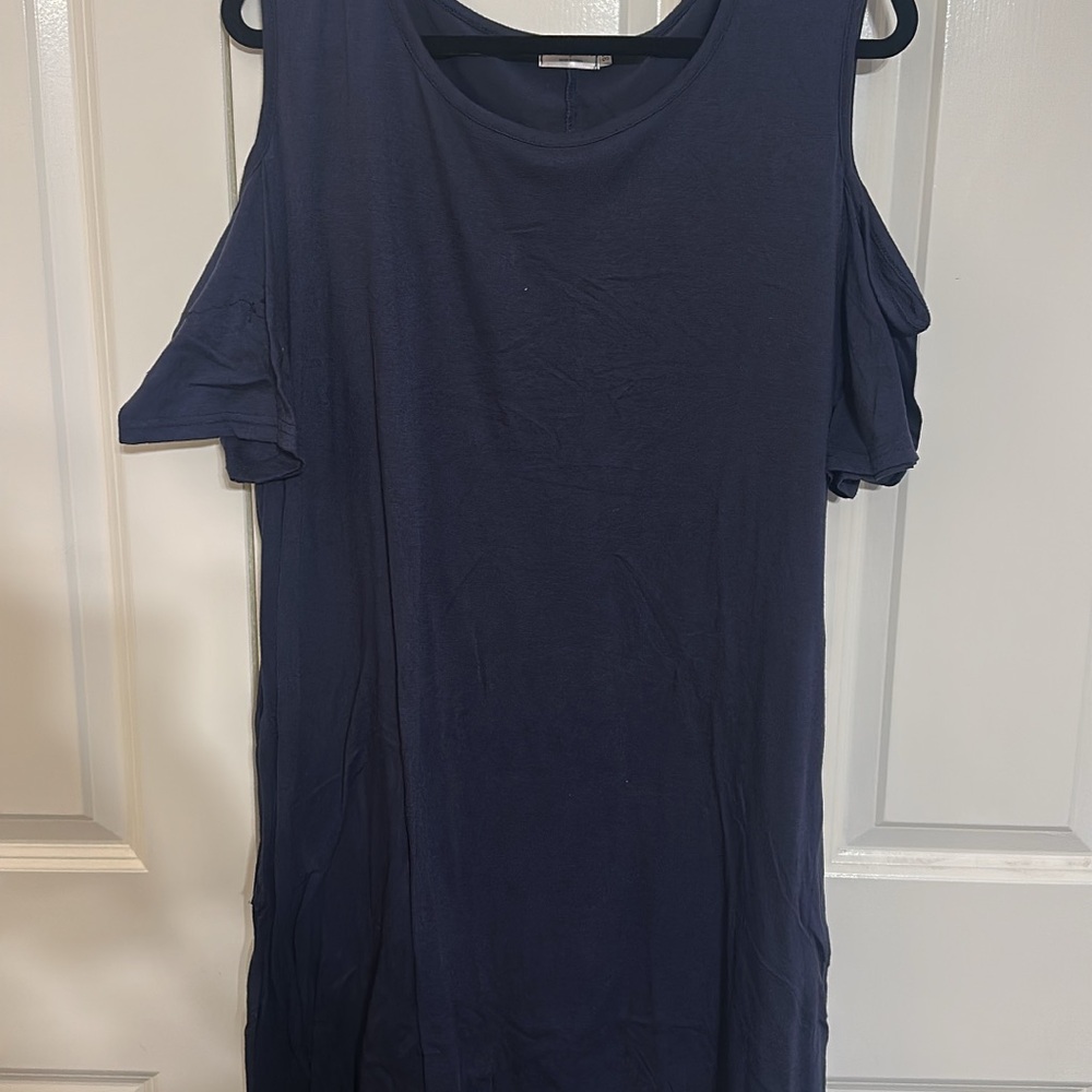 SOLD Navy Blue Midi Dress with Cold Shoulder Relaxed Style